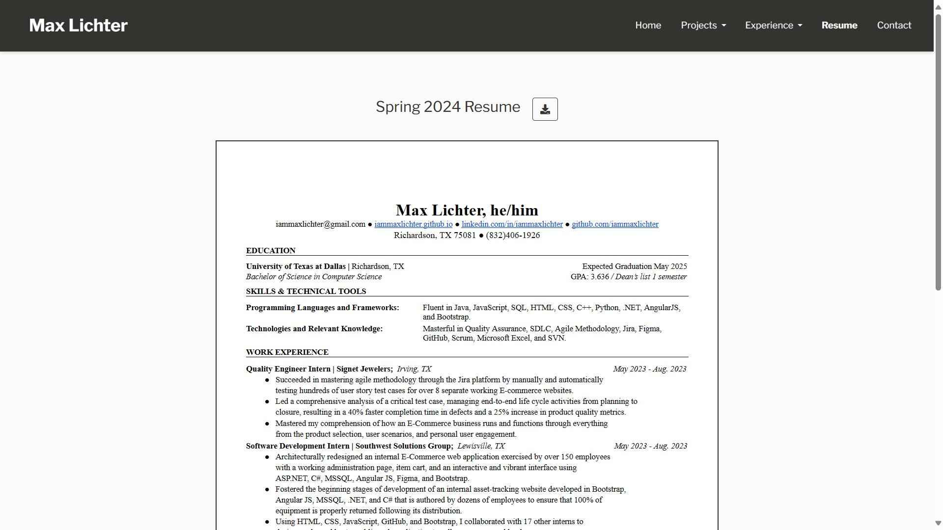 Resume page